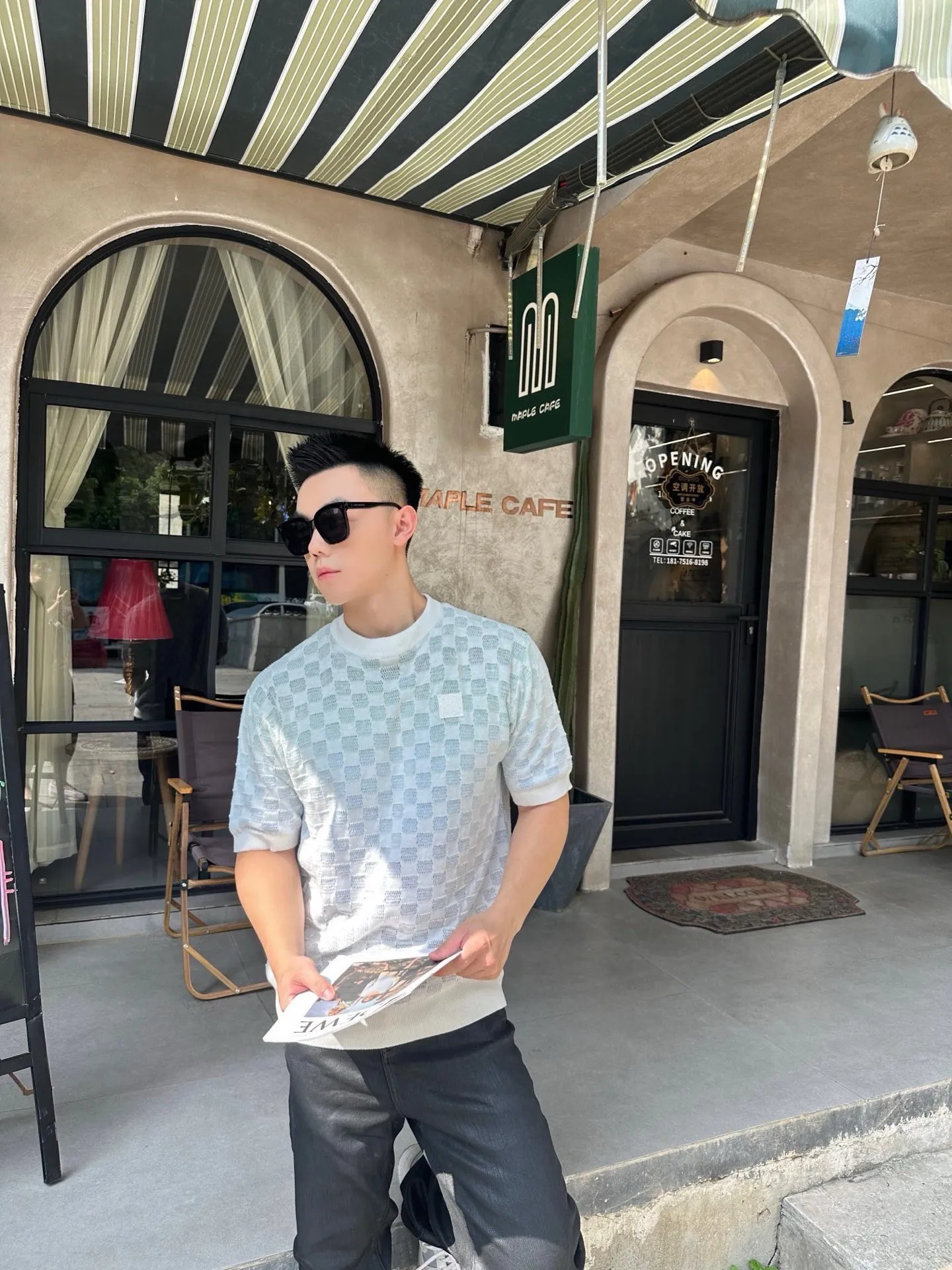 Louis Vuitton/Louis Vuitton 25ss checkerboard gradient knitted short sleeves